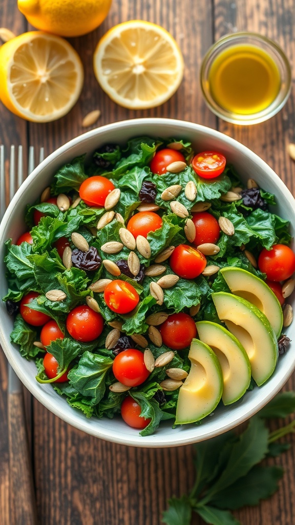 A colorful vegan kale salad with avocado, cherry tomatoes, and sunflower seeds, garnished with lemon dressing on a wooden table.